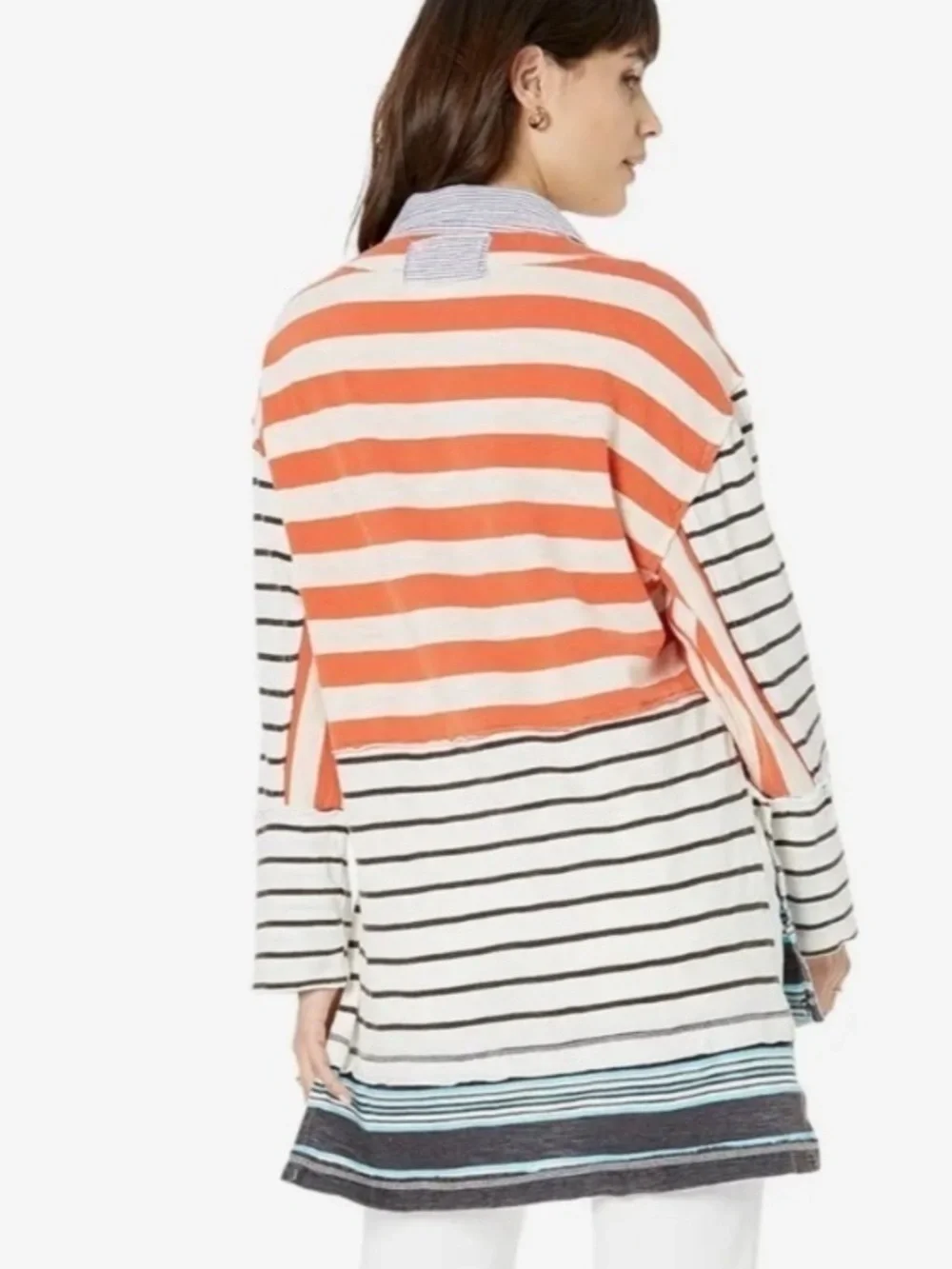 Free People Striped Oversized Button-Down Shirt in Coral, White & Navy